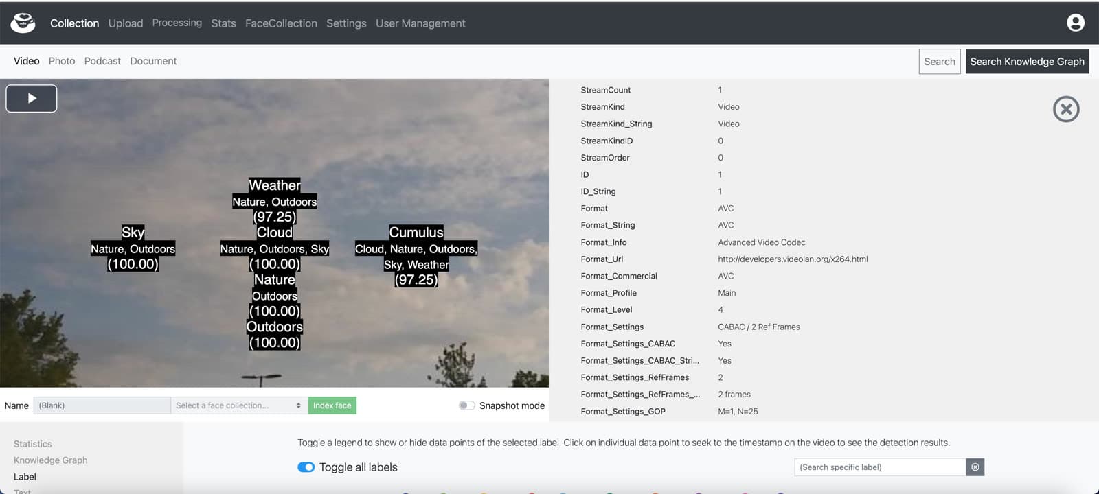 Computer vision platform indexing labels across incident footage