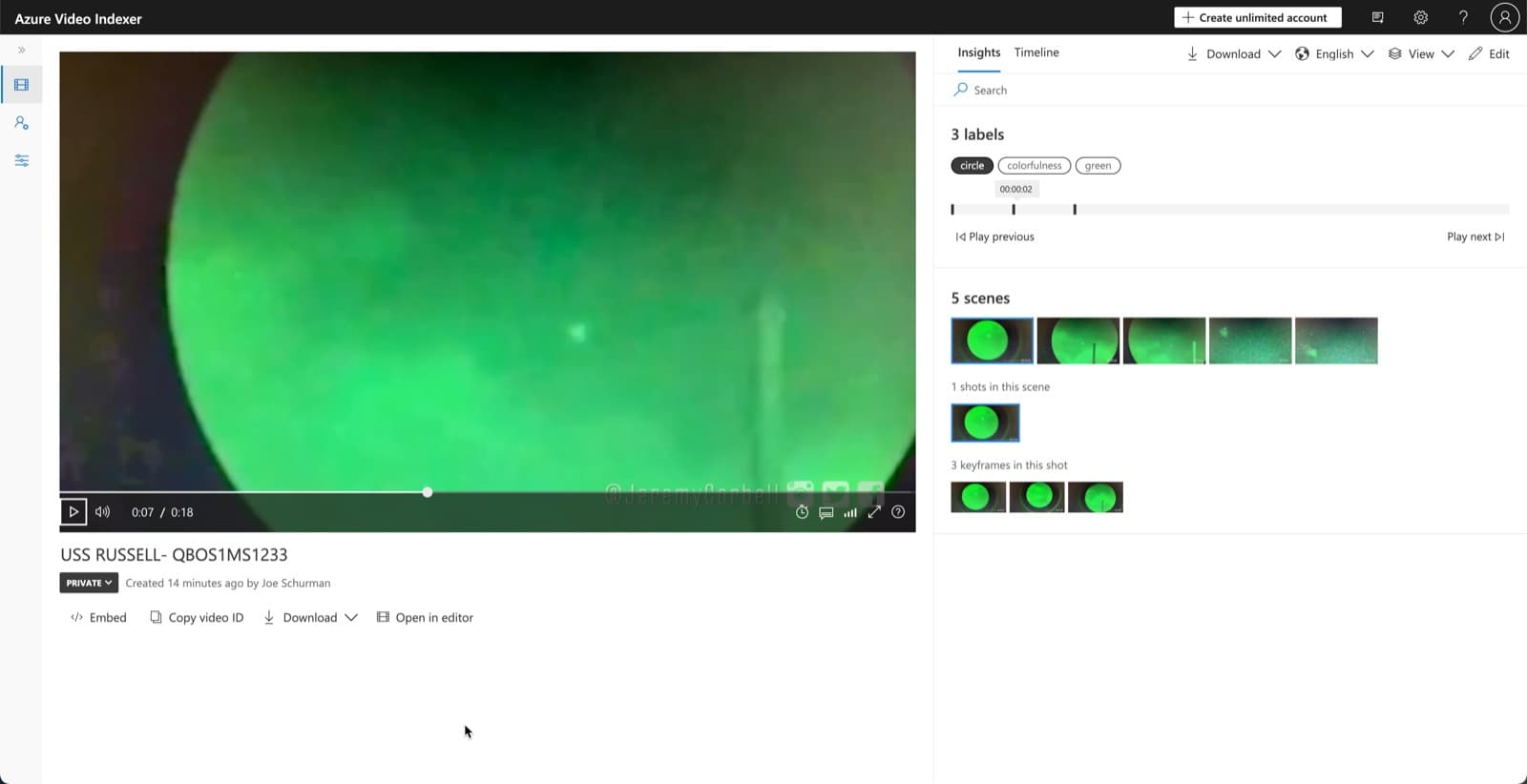 AI video indexer with labels, scenes, and timeline insights