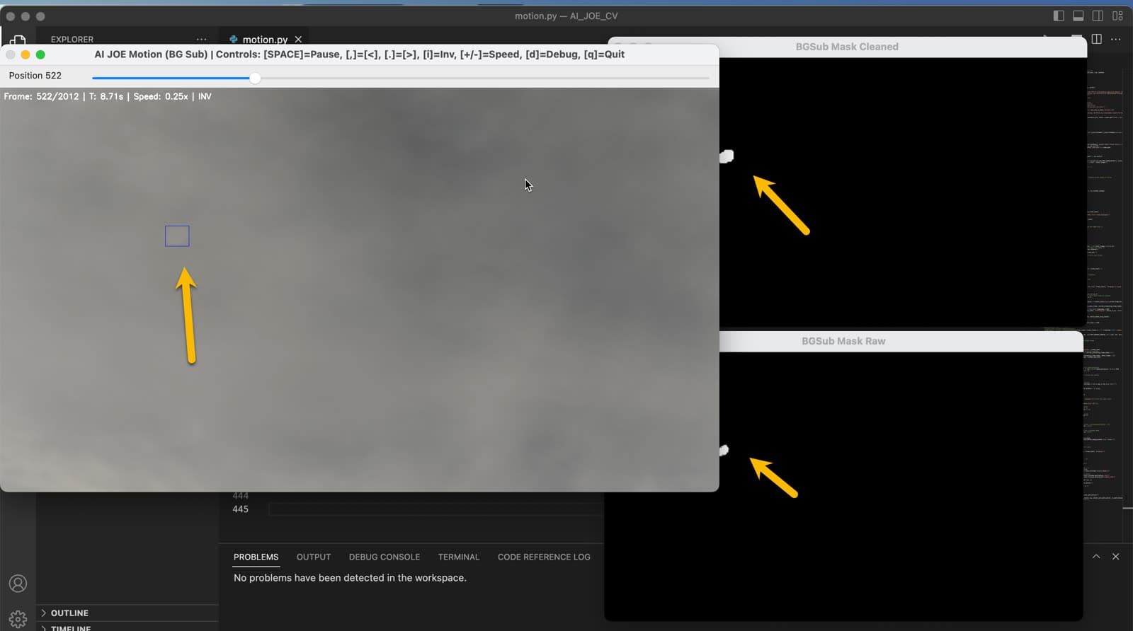 Motion-detection tooling flagging a faint object against clouds