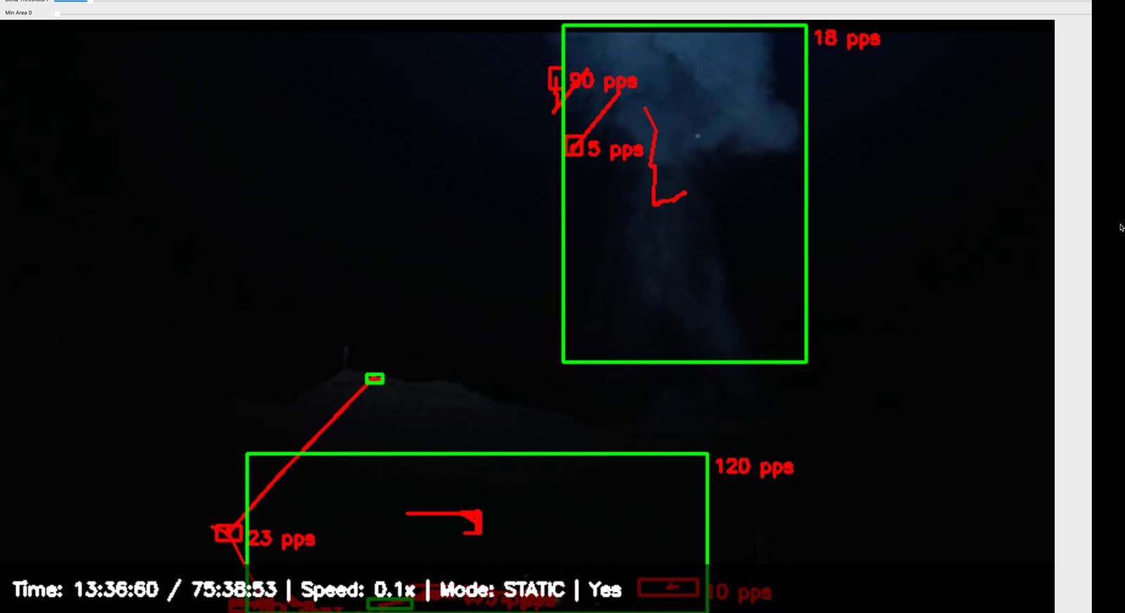 Motion tracking overlay with per-object speed readouts on night footage